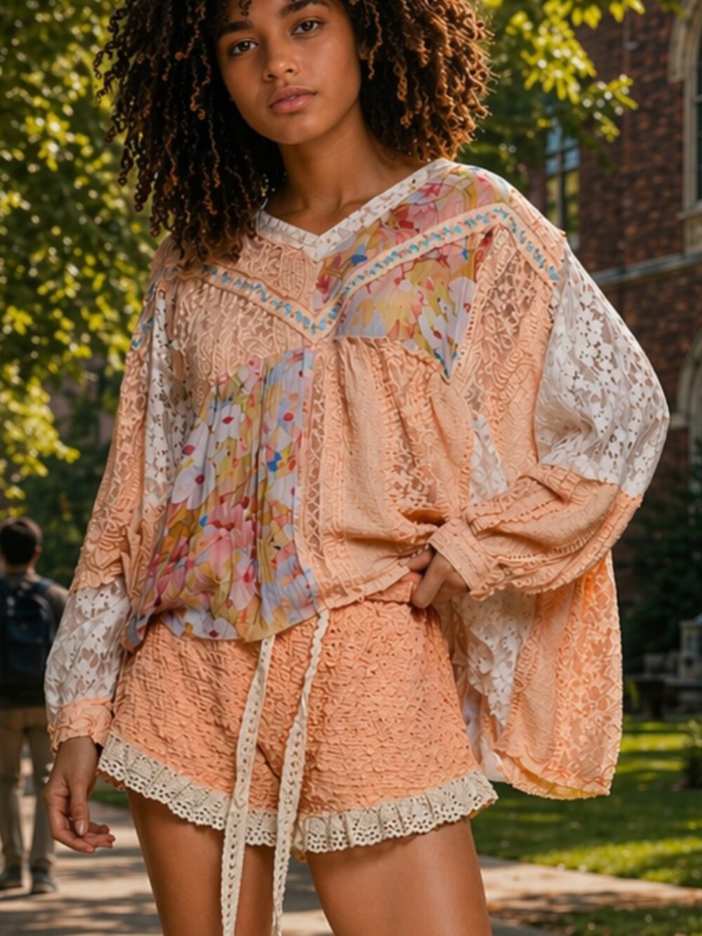 POL Boho Lace Floral Super Baggy Breezy Free Flowing Long Sleeve Peach Boho Top